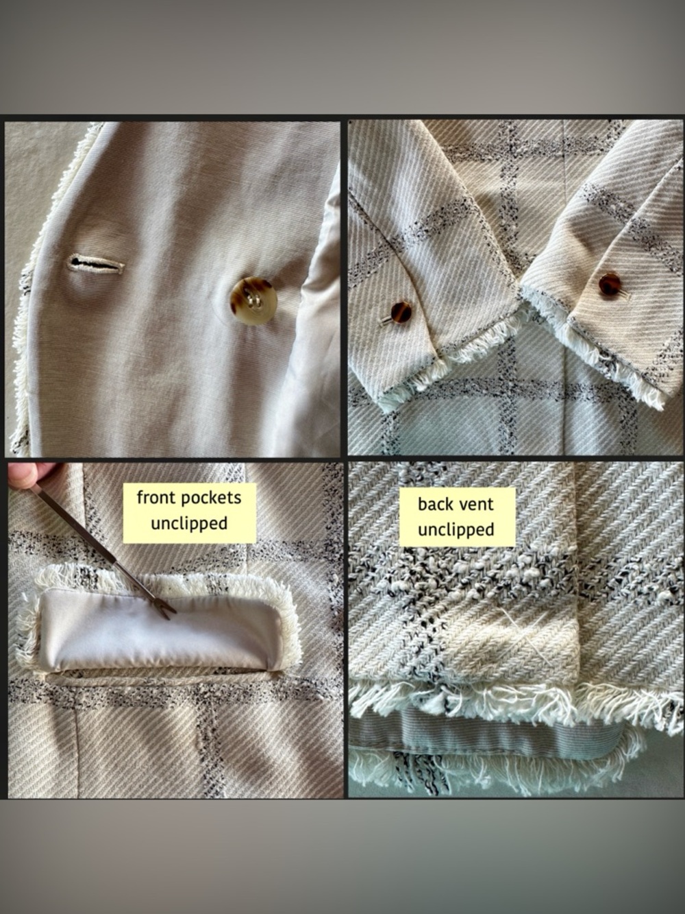 Ann Taylor Cream Gray Windowpane Tweed Fringed Blazer (14) Like New! - Picture 15 of 17